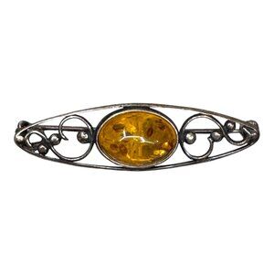 Vintage Baltic Amber Brooch Pin Poland Intricate Silver Filigree Design Art Deco